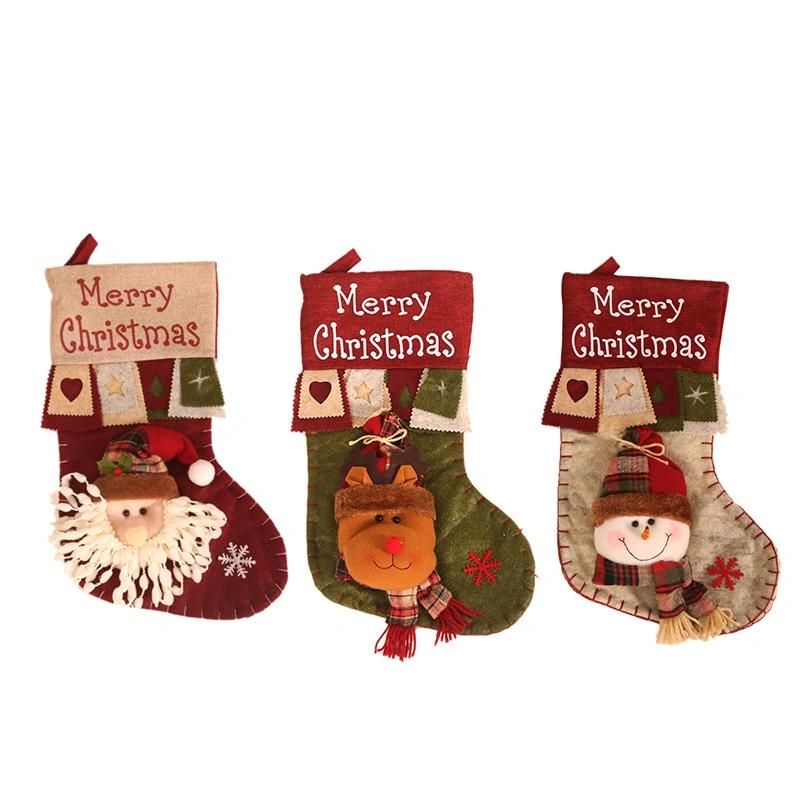 Cross-Border New Christmas Decorations Linen Printing Creative Cartoon Three-Dimensional Santa Stockings Gift Bags Linen Socks