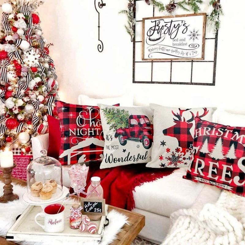 18inches Christmas Decorations Black and Red Buffalo Plaid Throw Pillowcase Farmhouse Christmas Pillow Covers