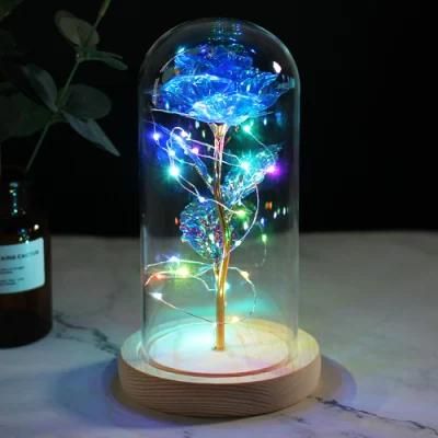 Hot Sale 24K Gold Rose Preserved Galaxy Rose in Glass Dome Wooden Base Valentine&prime;s Gift Enchanted LED Light Rose in Glass