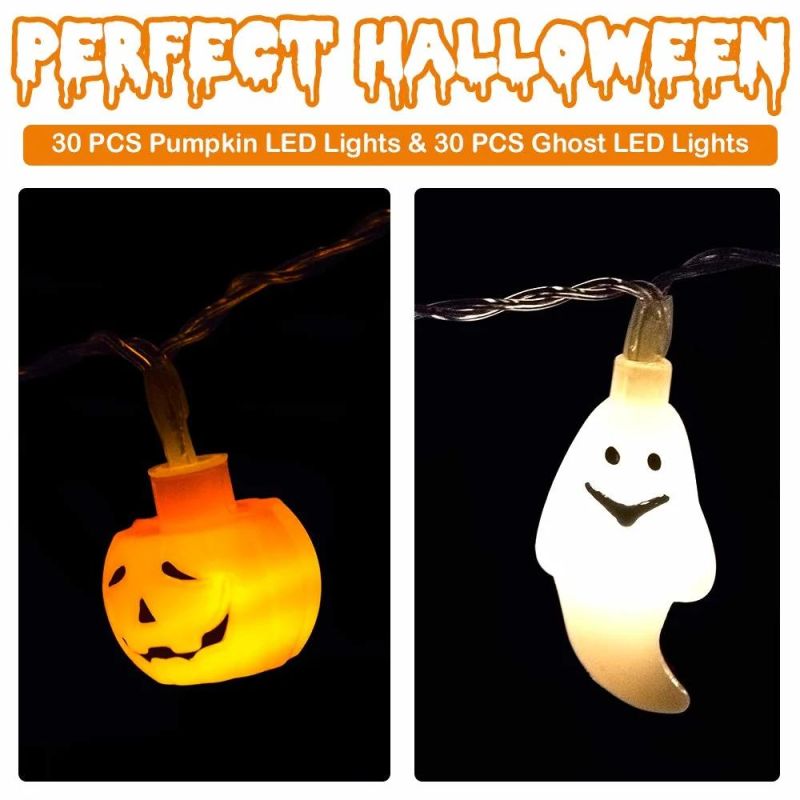 Halloween Decorations, 20FT 60 LED Orange Pumpkin String Lights White Ghost Holiday Lights for Battery Operated for Indoor Outdoor Decor