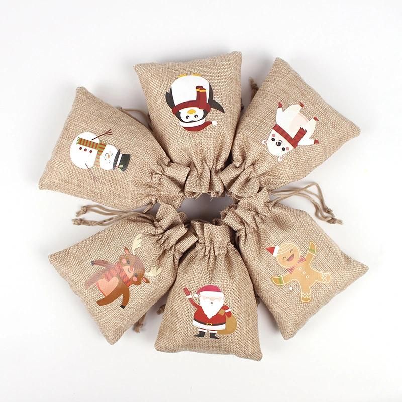 Christmas Linen Bags with Drawstrings Christmas Burlap Goody Gift Bags with Double Jute Drawstrings, Snowman, Santa Claus, Penguin and Elk