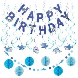 Umiss 20PCS Marine Theme Banner, Honeycomb Ball, Garland, Hanging Swirls, Kids Cute Shark Splash Birthday Party Decoration