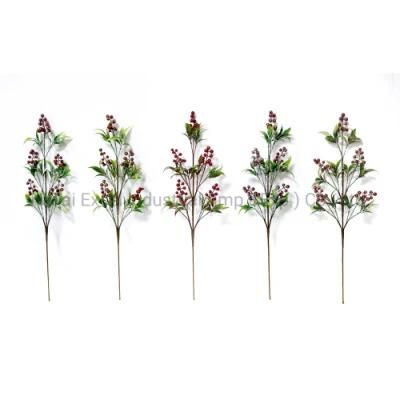Christmas Floral Picks Red Berry Branches Green Leaves Spray Glitter