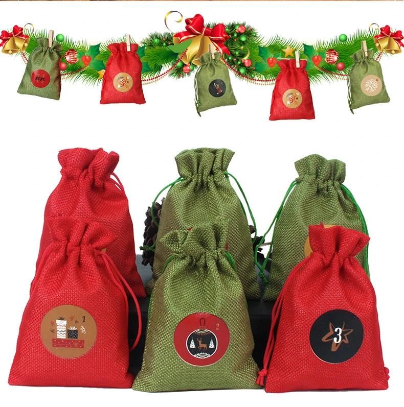 24 PCS Christmas Rustic Linen Goody Bags Wedding Reception Small Gifts Wrap Sack Drawstring Burlap Bag Pouch for Candy, Jewelry, Chirstmas Tree Decorations