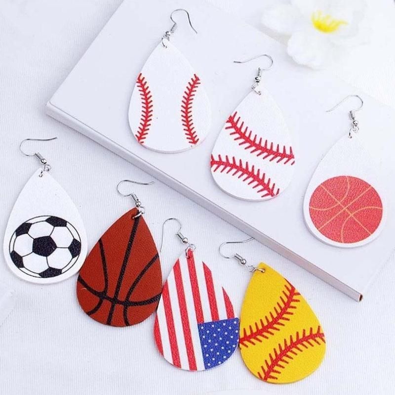Hot Sale Women American Flag Earring Faux Leather Football Baseball Basketball Earrings