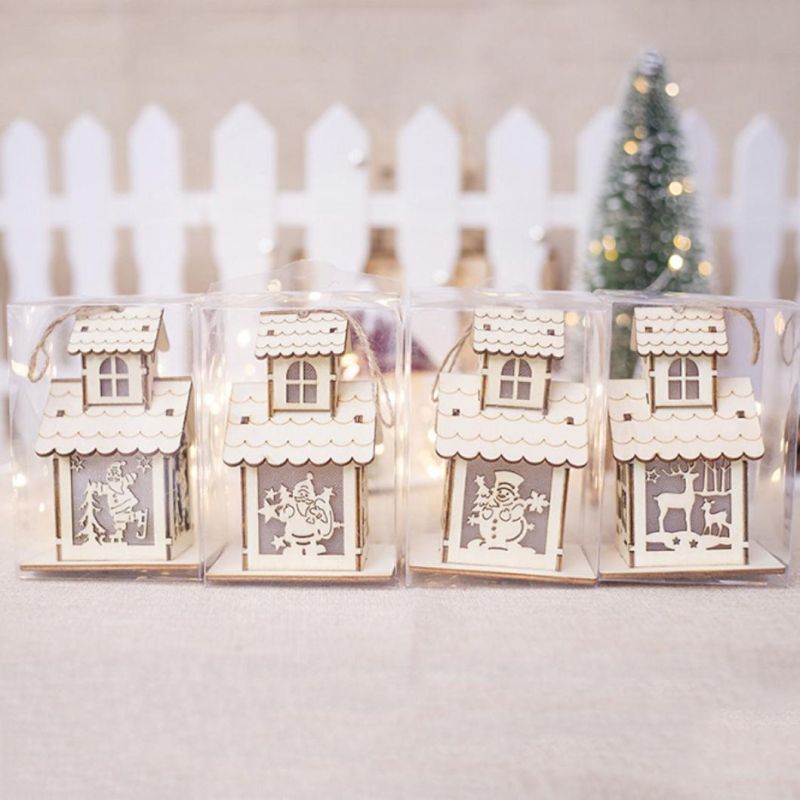 LED Light Wood House Elk Cute Christmas Tree Hanging Ornaments