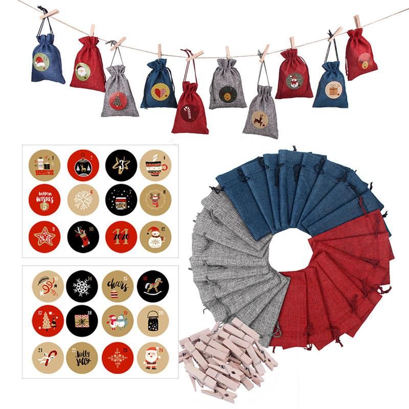 Amazon 24 PCS Advent Calendar Countdown Christmas Decorations Sets Hanging Cotton Drawstring Gift Bag