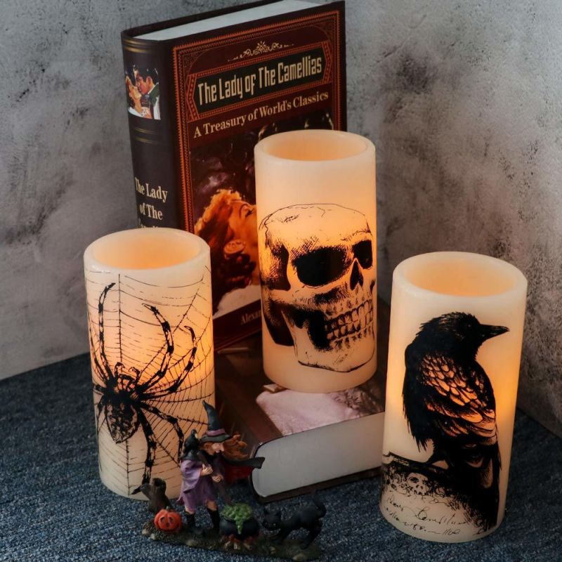 Halloween Flickering Candles with Skull, Spider Web, Crow Raven Decals Set of 3, Battery Operated Halloween Themed LED Candles Horror Spooky Decoration