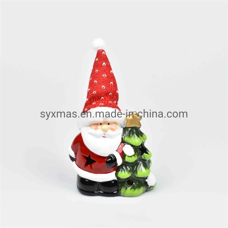 High Quality New Design Christmas Ceramic Waving Santa Decorative Xmas Ceramic Ornaments LED Lighted Ceramic Figures