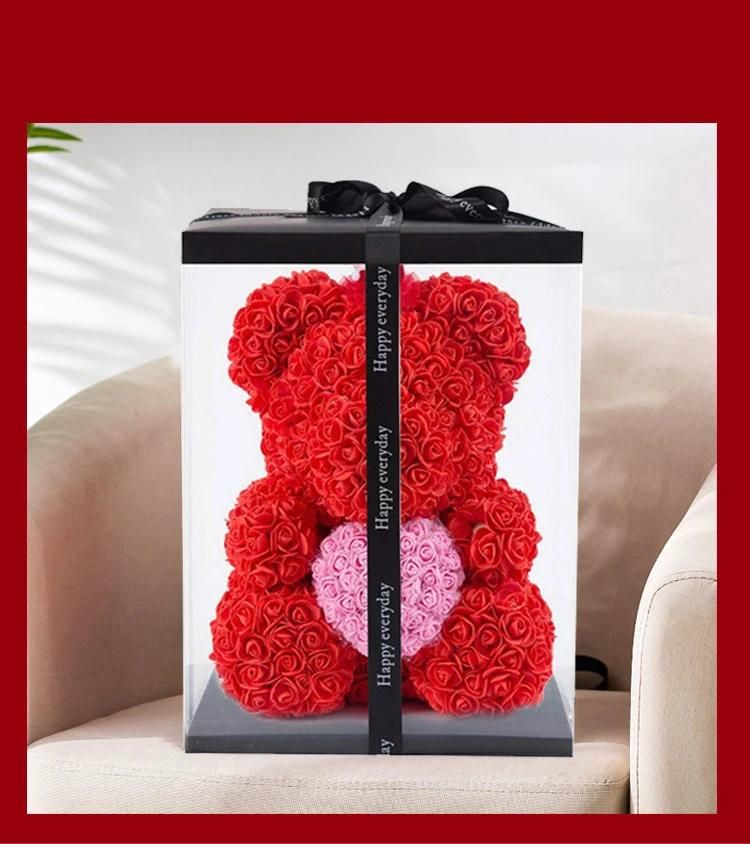 Best Sell Design Foam Rose Teddy Bear PE Flower 25cm Bear with Transparent Gift Box