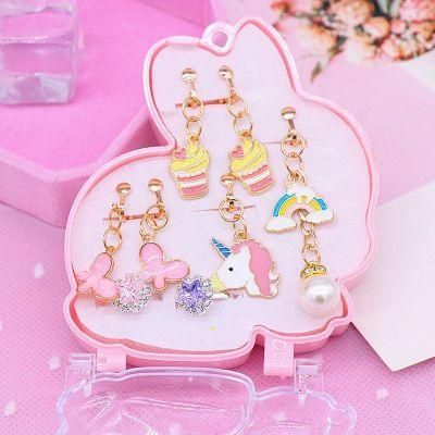 Children&prime;s Ear Clip Earring No Earhole Little Girl Fashion Alloy False Eardrop Princess Lovely Earring Set with Rabbit Box