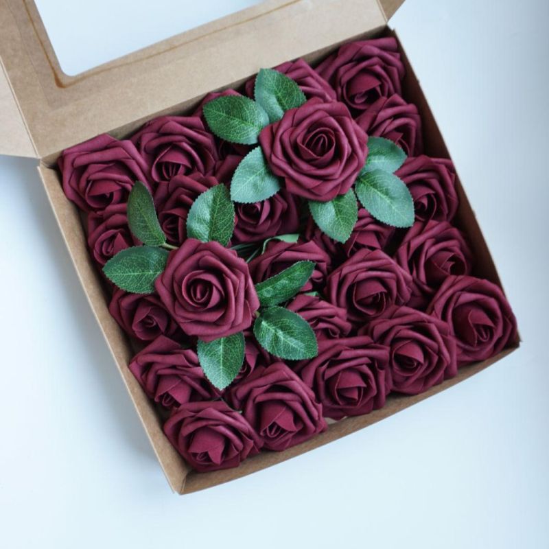 Amazon Artificial Flowers 25PCS Real Looking Burgundy Foam Fake Roses with Stems for DIY Wedding Bouquets Red Bridal Shower Centerpieces Party Decorations