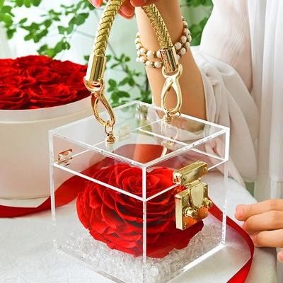 Acrylic Preserved Rose Flower Box Flower Case One Frame Flowers Gift Boxes Cube Display Case Decor for Home Office