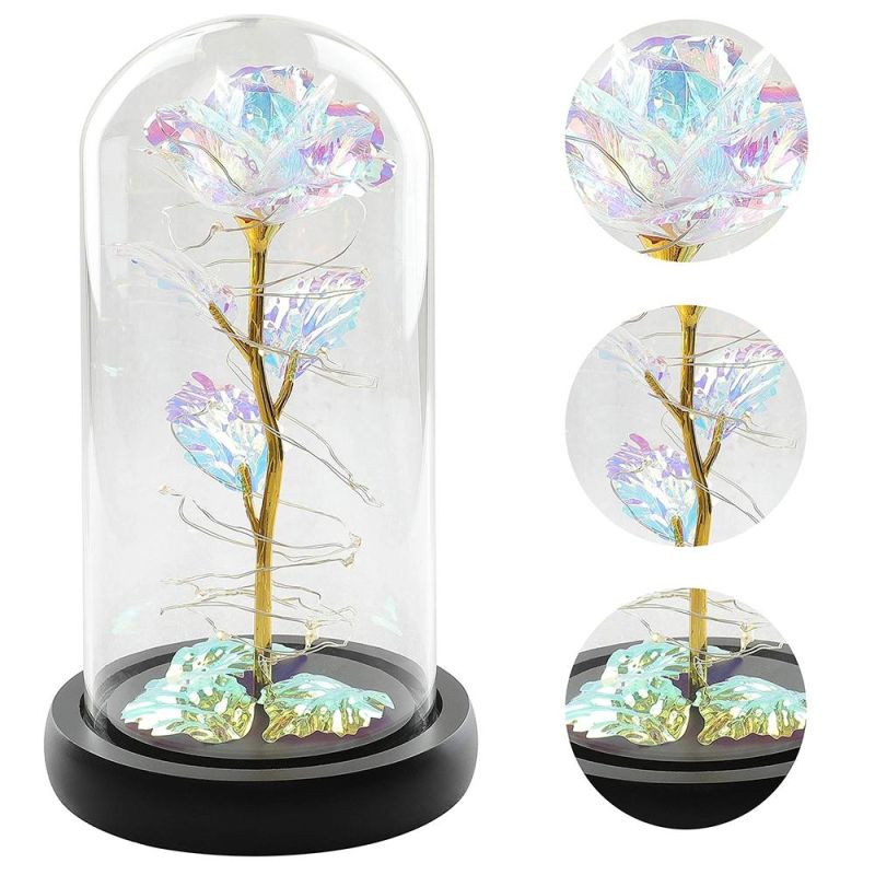 3 Leaves Beauty Beast Rose in Glass Dome Wooden Base Valentine′s Gifts LED Rose Lamps Christmas Galaxy Rose Glass Dome