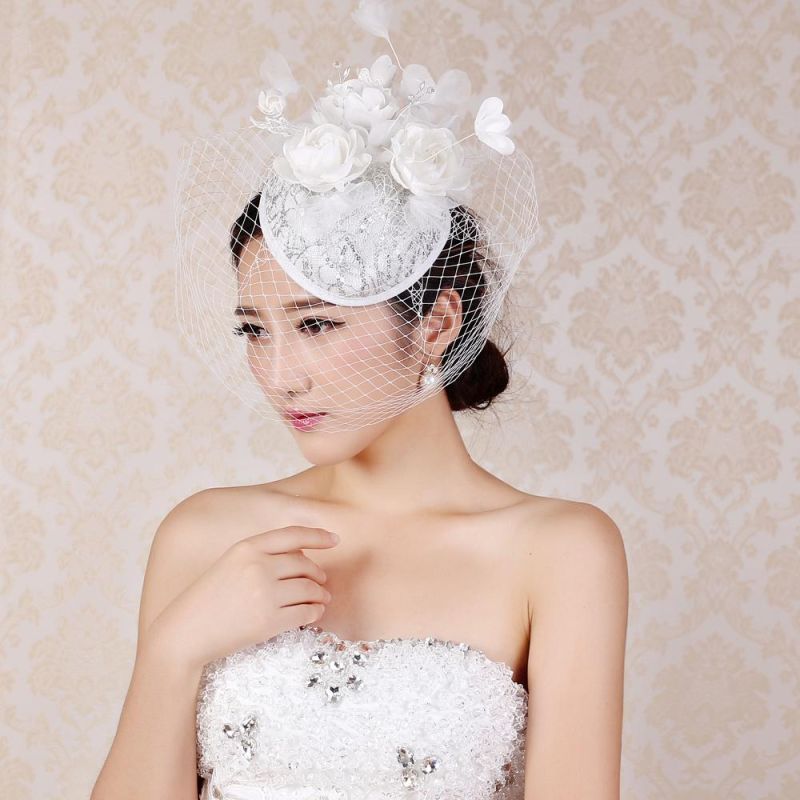 Women Church Fancy Dress Hats Bride Headdress Bridal Flower Decorative White Wedding Hats