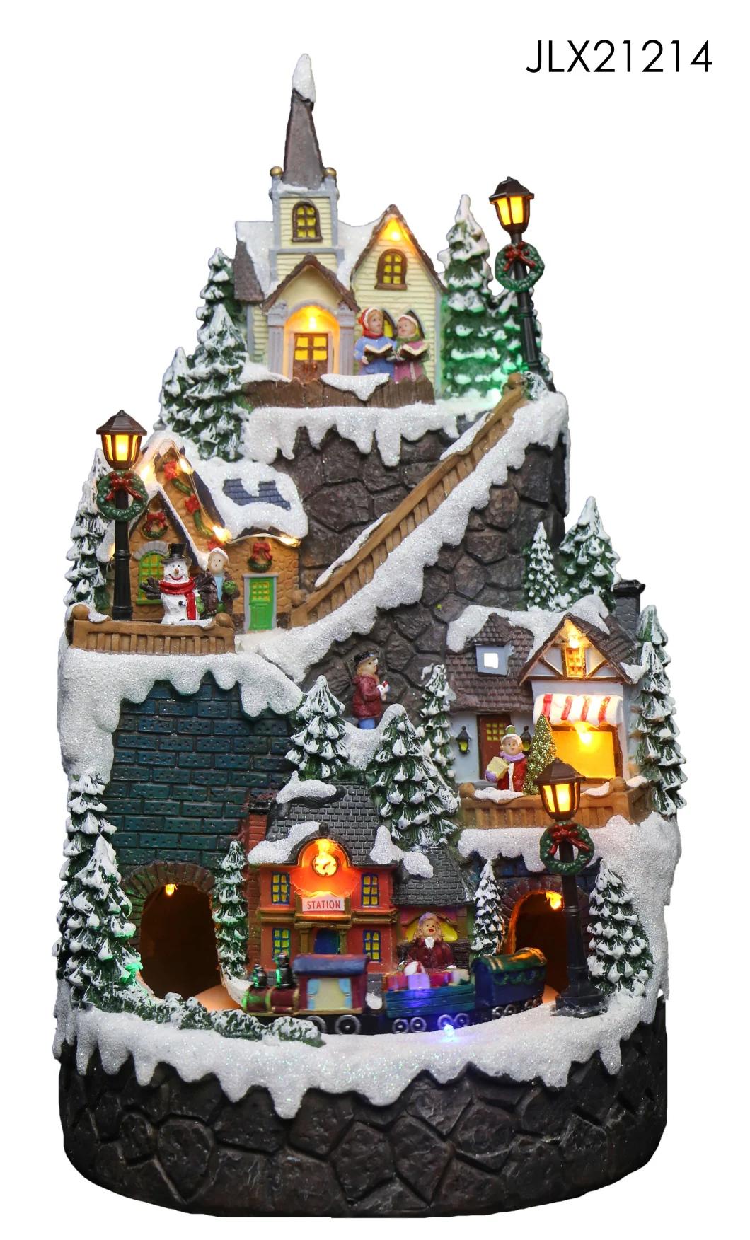 New Design Christmas Village House with LED Lights with Water Wheel Spin and Three Person Roller Skates with Music