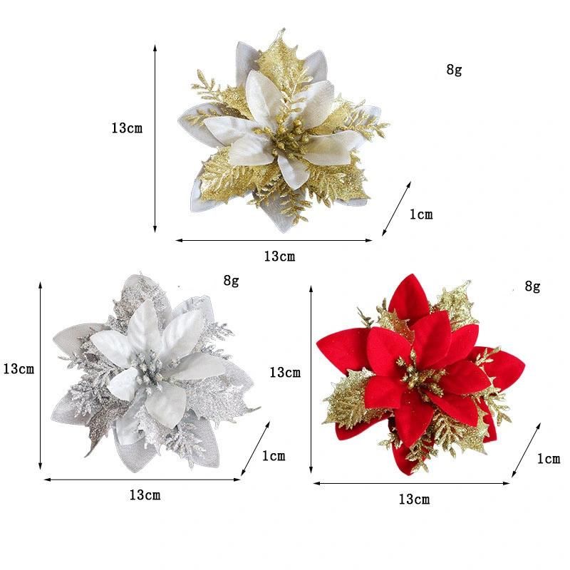 Silver Poinsettia Artificial Flowers Glitter Artificial Christmas Flowers Decorations