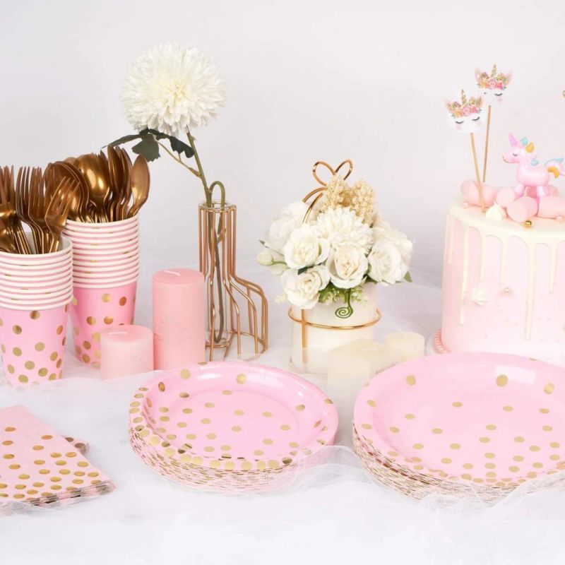 Decorlife Pink Paper Plates Serve 50, Party Plates and Drinking Straws Included for Pink and Gold Birthday Party Supplies, Total 400PCS