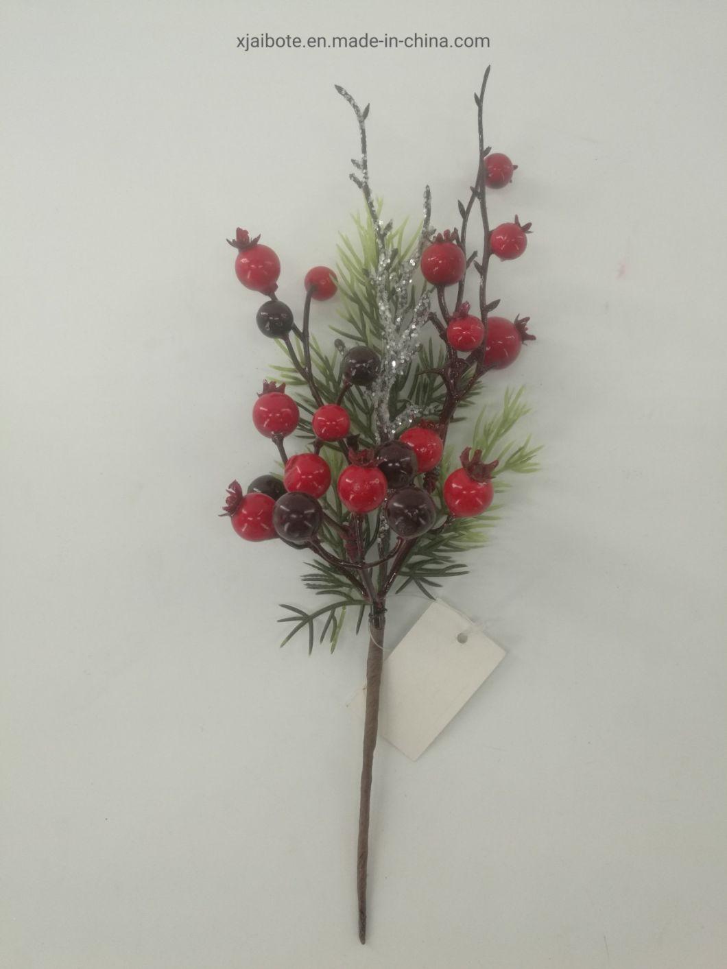 Modern Design Christmas Ornaments Tree Leaves Artificial Plastic Wire Red Fruit Festival Decorations