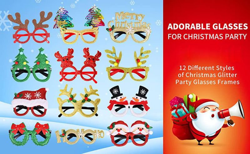 Christmas Glasses Glitter Party Glasses Frames Christmas Decoration Costume Eyeglasses for Christmas Parties Holiday Favors Photo Booth