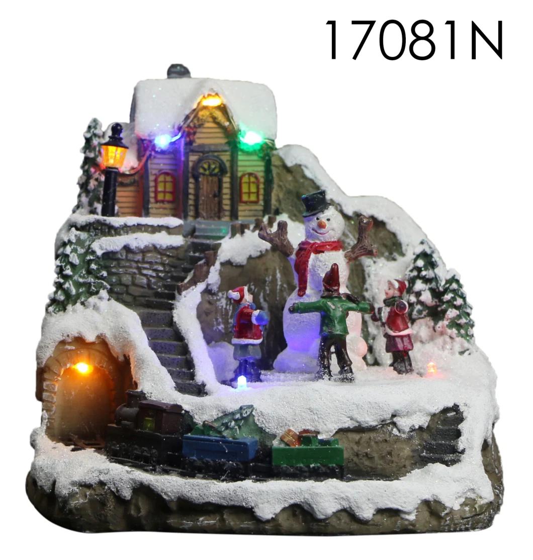 New Design Christmas Wooden House with LED Lights and Snowman, Children Around The Christmas Tree Decoration Rotation Function