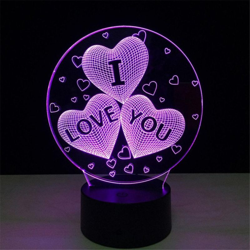 3D Illusion Night Light Multicolor LED - Hearts and Love
