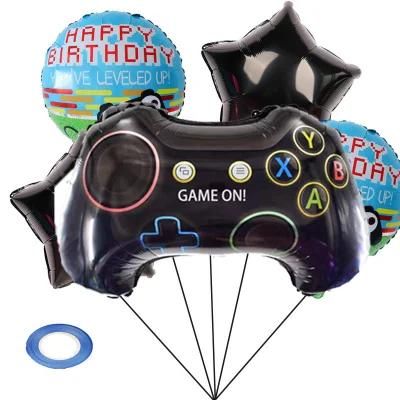 5PCS Video Game Controller Gaming Handle Shape Balloons Star Round Foil Globos for Gamers Game on Theme Birthday Party Decoration
