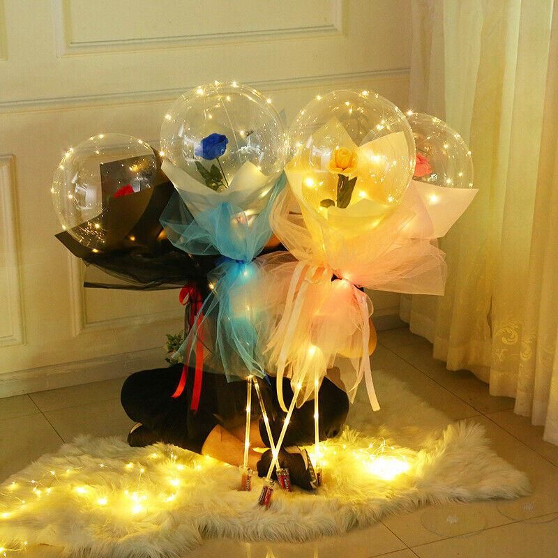 LED Light Transparent Balloon with Rose Flower Bouquet LED Luminous Bobo Balloon