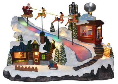Polyresin Holiday Decor Fiber Optic Reindeer Sleigh Scene LED Illuminated Musical Christmas Village Houses Decoration with 8 Xmas Songs