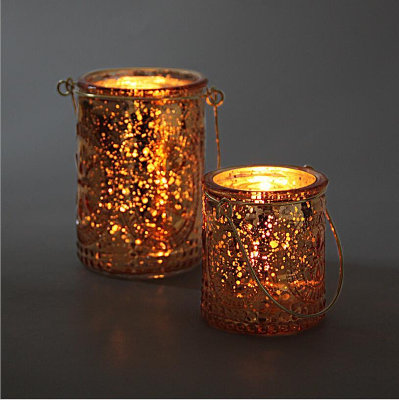 Embossed Crystal Golden Glass Candle Jar with Matel Handle