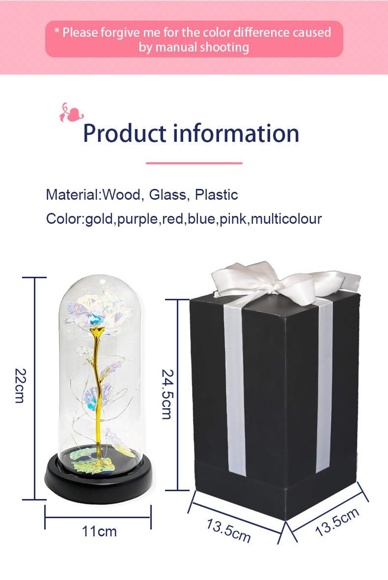 Factory Wholesale 24 K Flower Valentines Gift 24K Gold Foil Dipped Plated Galaxy Rose in Glass Dome LED