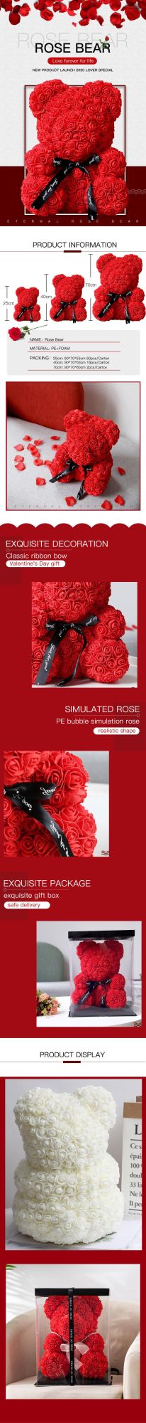 Hot Sale 25cm Rose Bear 20 Color Foam Bear for Festive Gift Toy Bear