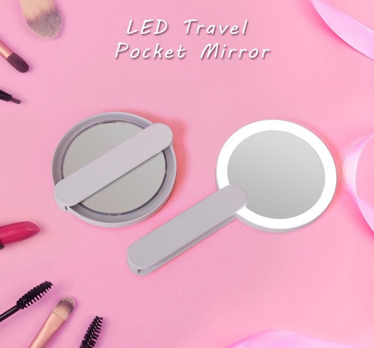 Christmas Gift Mini Portable Round Cosmetic LED Mirror with Handle