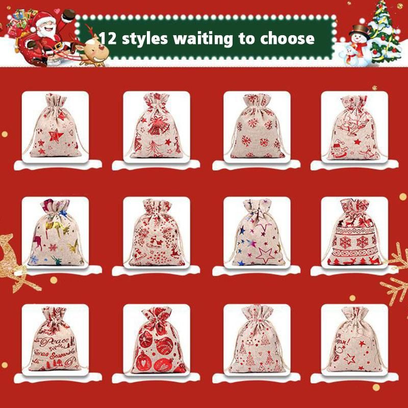 Christmas Decorations Candy Drawstring Cotton Gift Bag Advent Calendar Countdown 24 PCS Sets