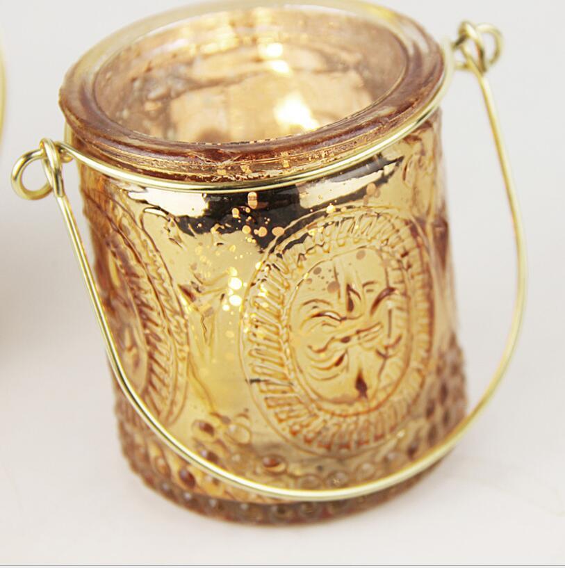 Embossed Crystal Golden Glass Candle Jar with Matel Handle