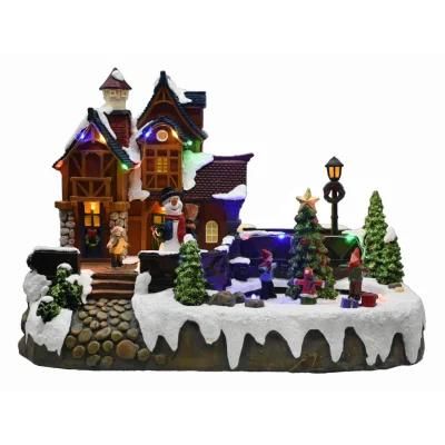 New Design Christmas Wooden House with LED Lights and Snowman, Children Around The Christmas Tree Decoration Rotation Function