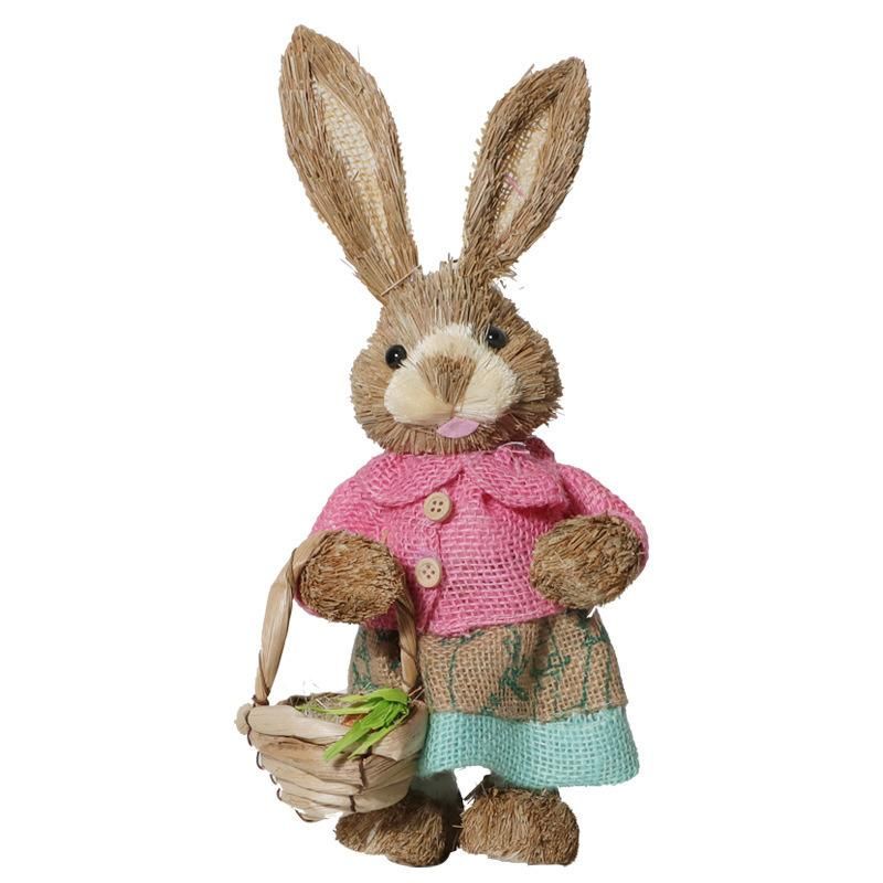 Handmade Straw Woven Rabbit Home Shop Decoration Pastoral Gifts Wedding Window Outdoor Shooting Props Easter Craft Animal Toys Long Ear Easter Bunny Rabbit Toy