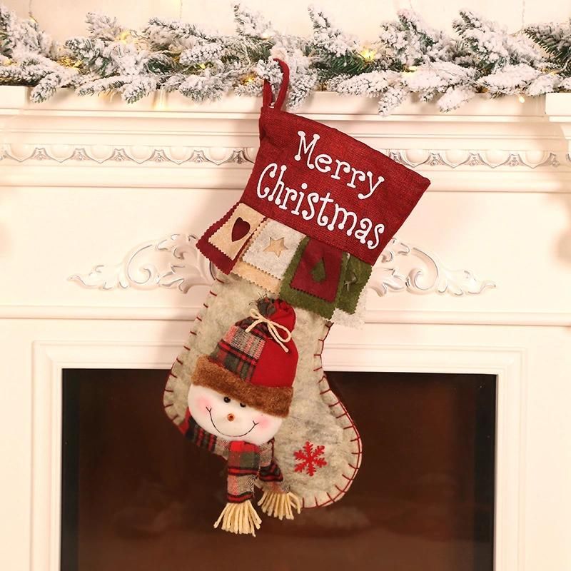 Cross-Border New Christmas Decorations Linen Printing Creative Cartoon Three-Dimensional Santa Stockings Gift Bags Linen Socks