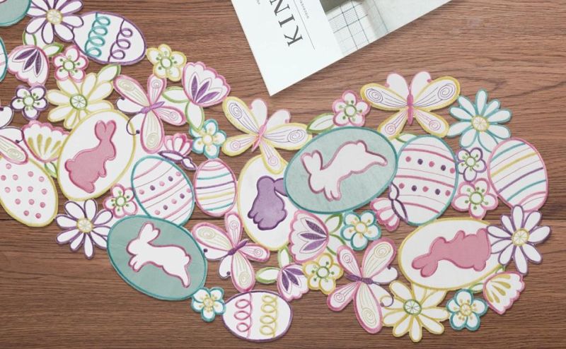 Easter Embroidered Bunny Table Runners, 13 X 36 Inch Embroidery Cutwork Colorful Egg and Rabbits Dresser Scarf for Spring Season