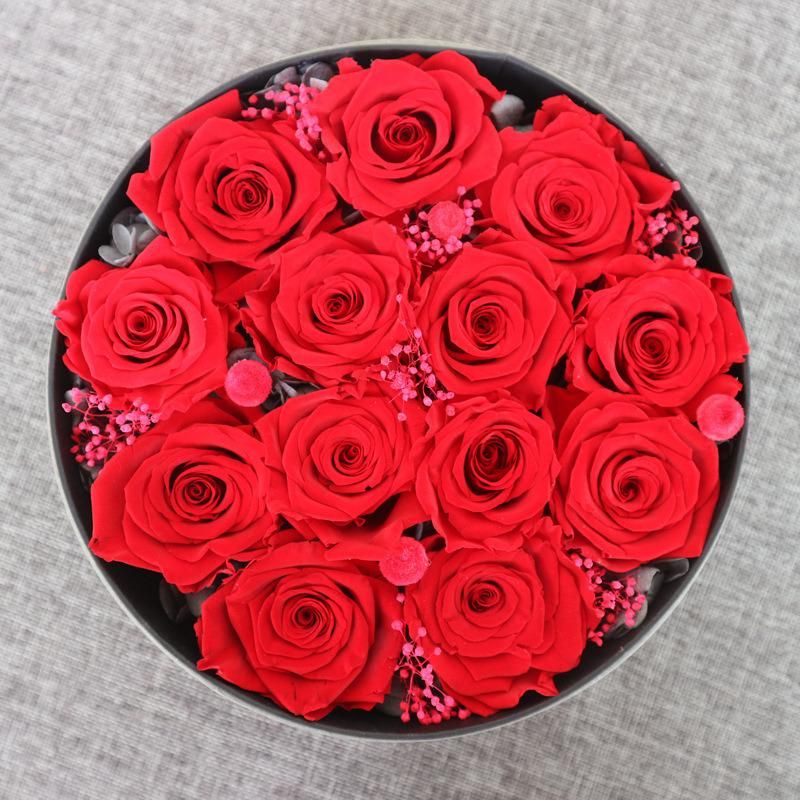 OEM Natural Real Fresh Preserved Roses Flower 13 Roses in Round Gift Box for Valentines Day Gift