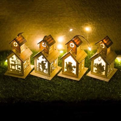 LED Light Wood House Elk Cute Christmas Tree Hanging Ornaments