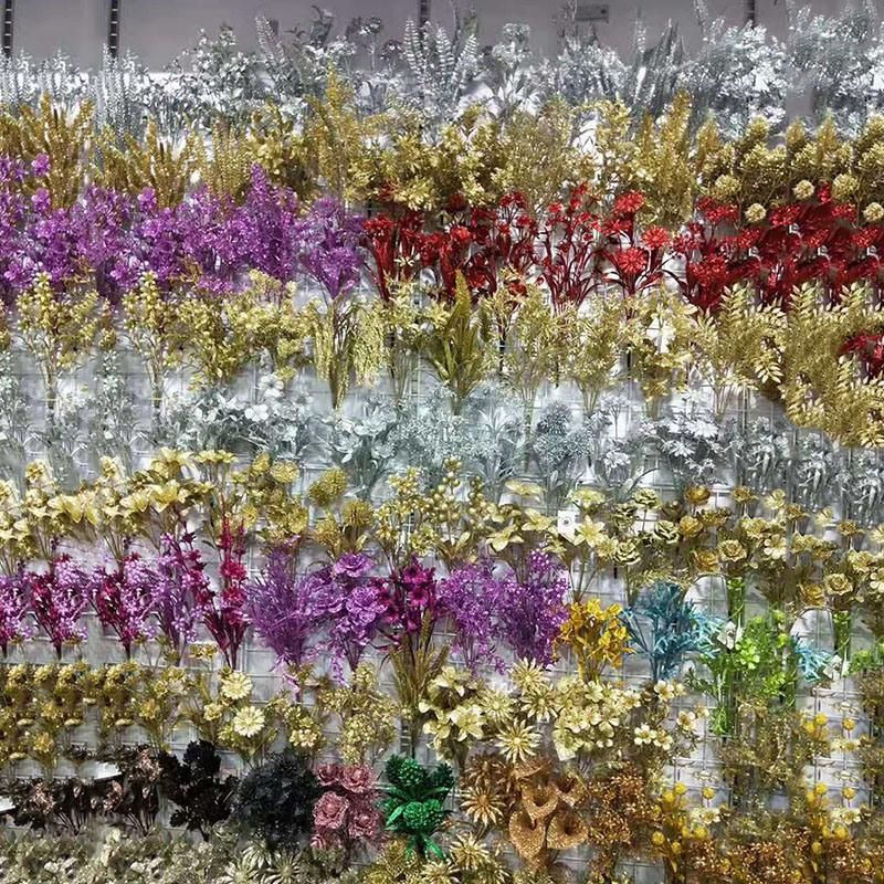 Artificial Flower Wholesale Christmas Tree Decor Glitter Leaves Picks Spray Decoration