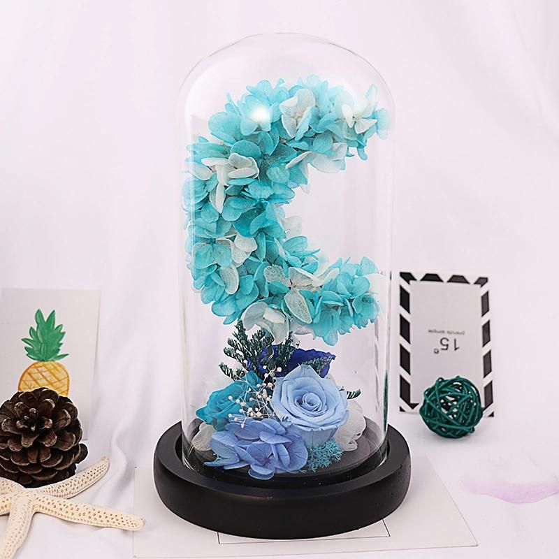 Decorative Flowers Wreaths Type Blue Real Long Time Preserved Roses Preserved Flowers in Glass Dome with LED Light