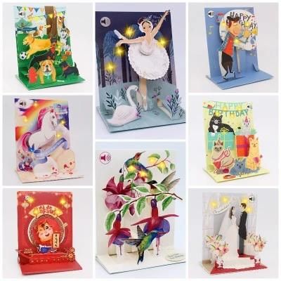 China Printing Black Vintage Wooden Laser Cut 3 D Pop up Music Light LED Christmas Santa Greeting Card