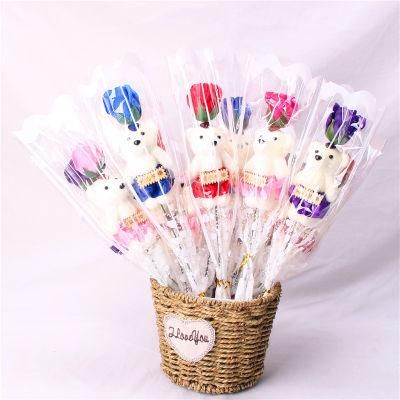 Wholesale Cheaper Popular Single Flower Soap Roses with Teddy Bear Gift