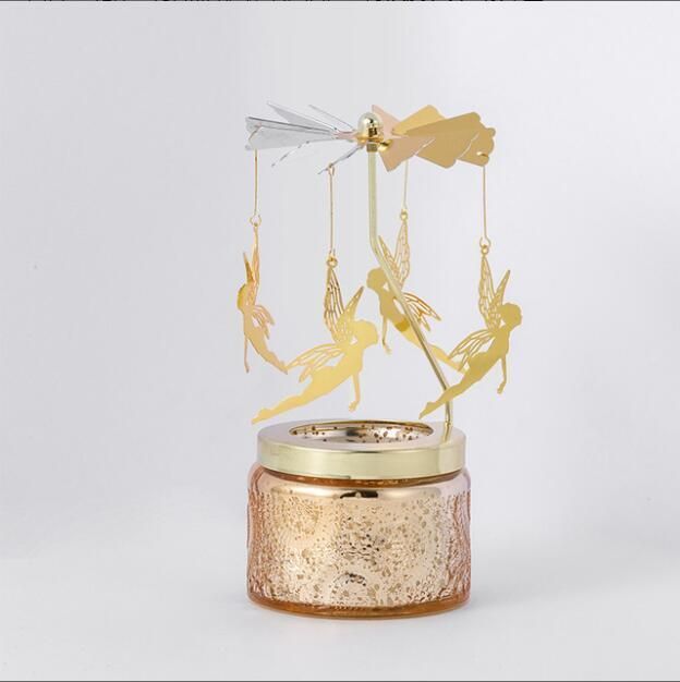 Supplier Mercury Golden Rotating Candle Holder Set with Glass Candle Jar