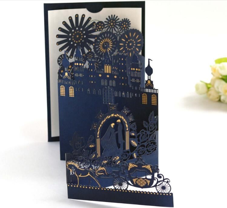Custom Glitter Laser Cut Wedding Invitations with Ribbon and Envelopes Personalized Wedding Invitation Card