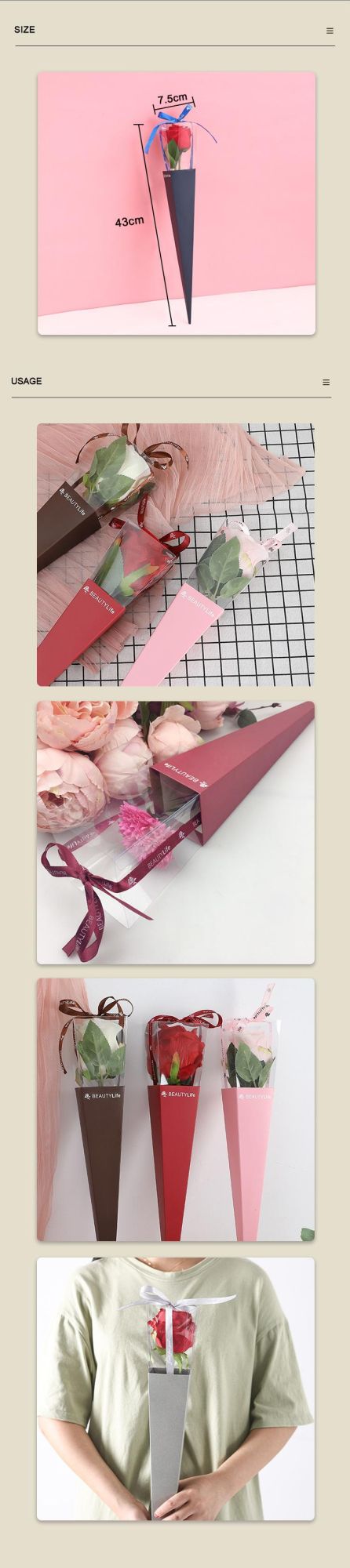 Decorative Flower Bouquet Paper Bag, Floral Hug Bucket with Ribbon Handles, Gift Collocation Packaging Box