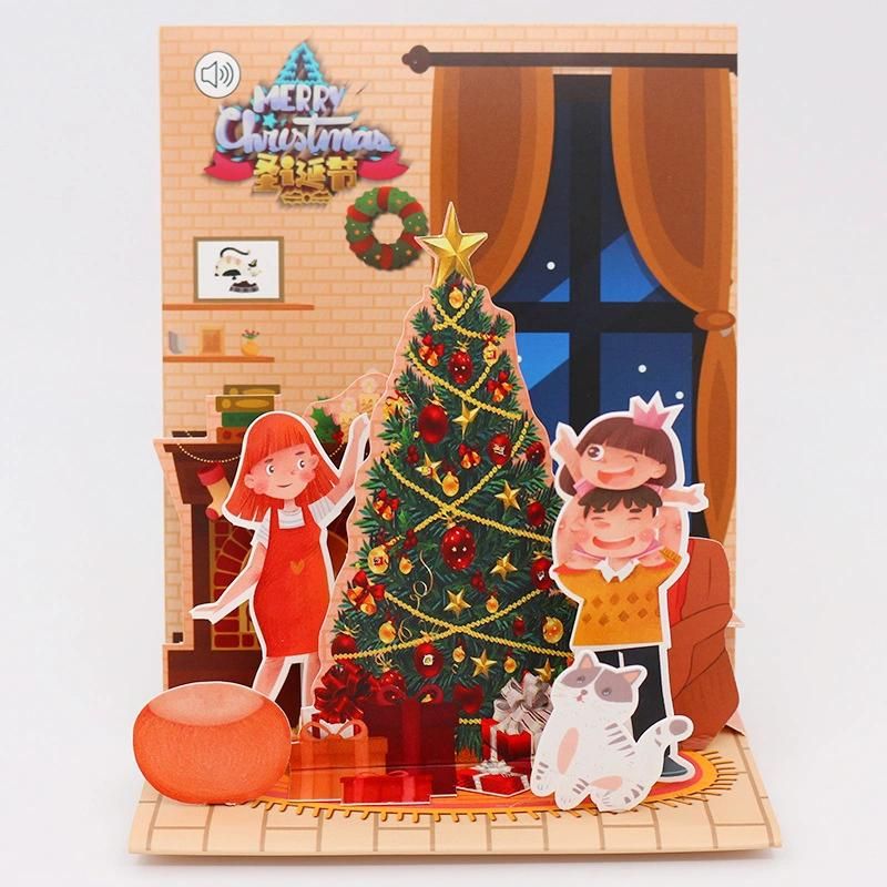 China Printing Black Vintage Wooden Laser Cut 3 D Pop up Music Light LED Christmas Santa Greeting Card