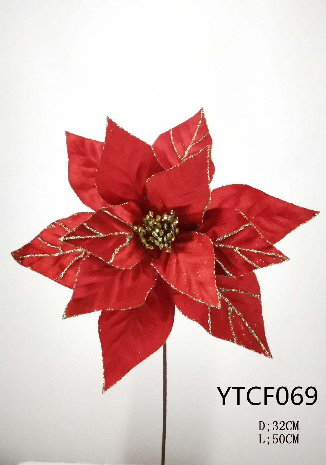 Ytcf070 Hot Sale Artificial Simulation Velvet Xmas Poinsettias Flowers with Stems to Decor Tree